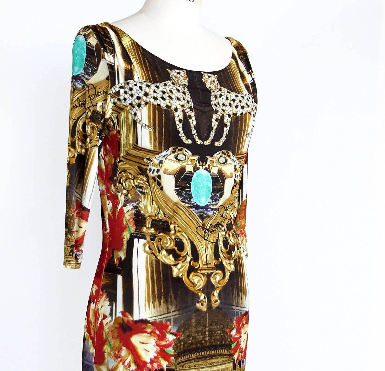 Marron Philipp Plein Couture Robe à manches 3/4 imprimé indien exotique, Édition limitée S en vente