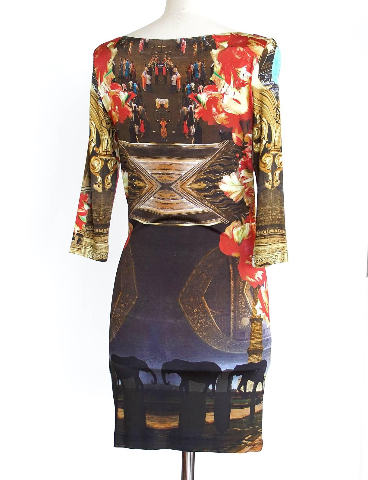 Brown Philipp Plein Couture Dress Limited Edition Exotic Indian Print 3/4 Sleeve S For Sale
