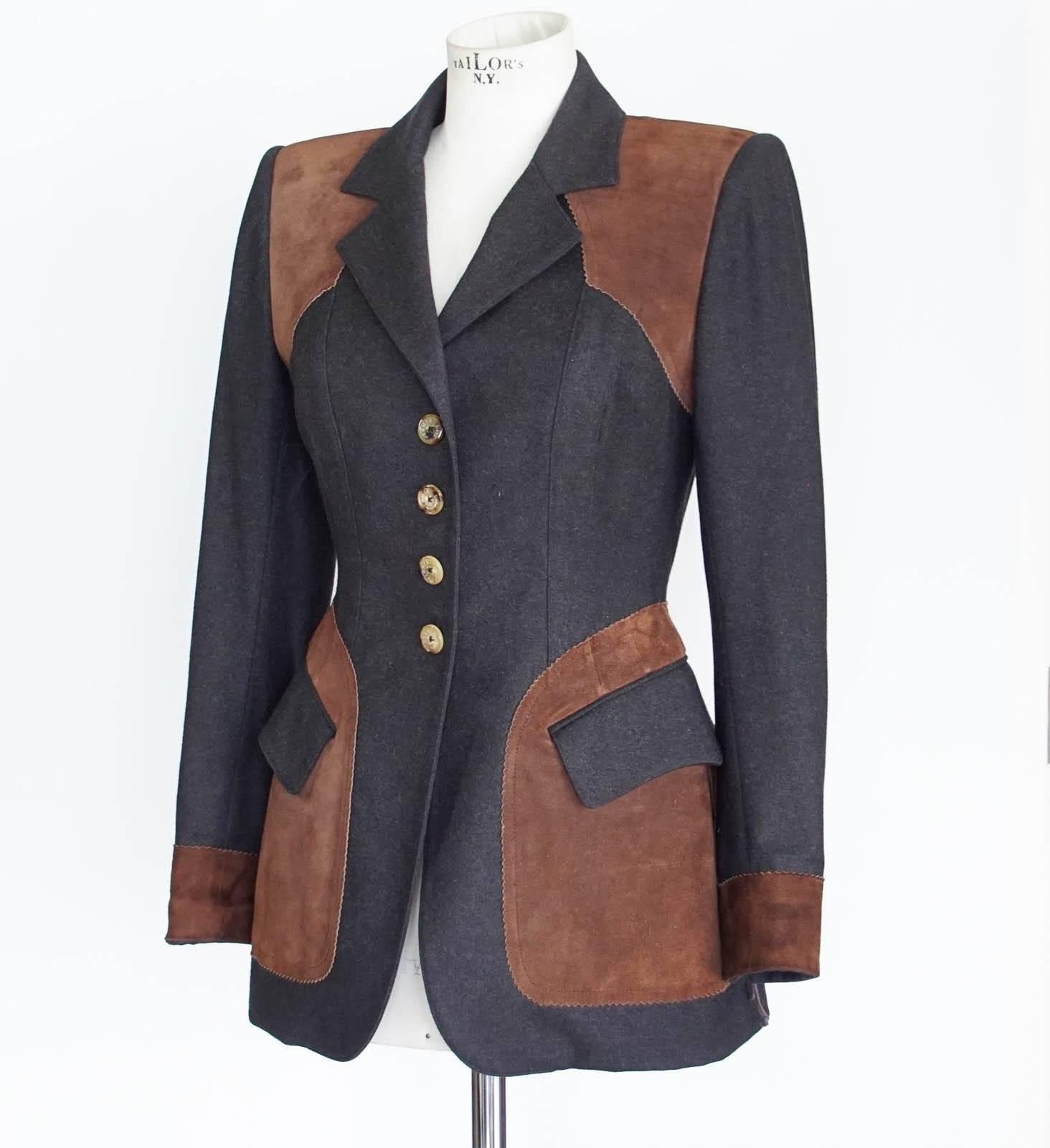 Black Hermes Jacket Striking Shape and Details in Wool and Suede Vintage  38 / 6