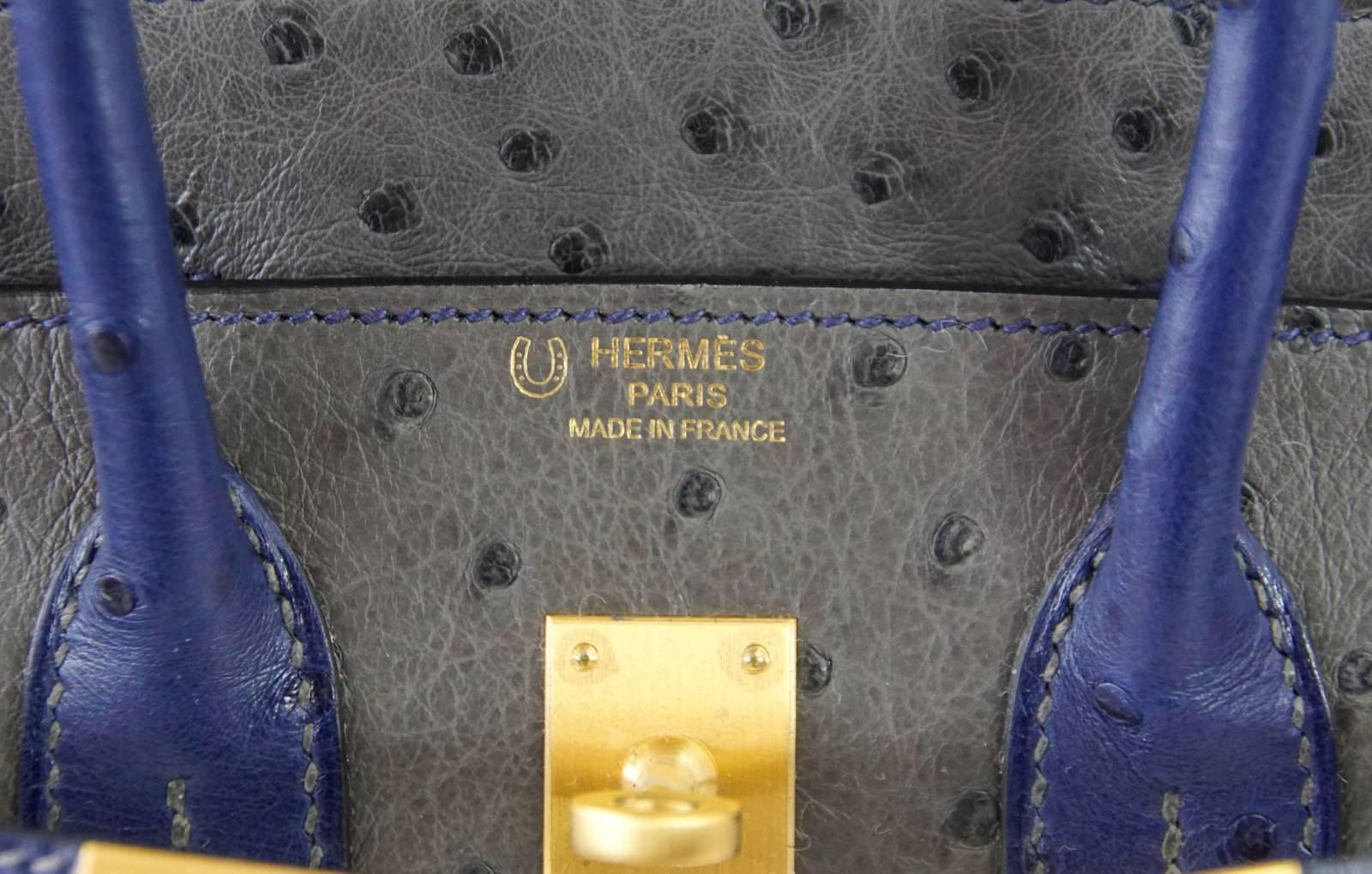 Guaranteed authentic Hermes Birkin 25 beautiful Gris Agate Ostrich Horseshoe with exquisite and subtle coloration with Blue Iris.
Lush with brushed gold hardware.
Comes with lock, keys, clochette, sleepers, raincoat and signature Hermes box.
NEW or