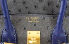 HERMES BIRKIN Bag 25 Horseshoe Ostrich Gris Agate/Blue Iris Brushed Gold
