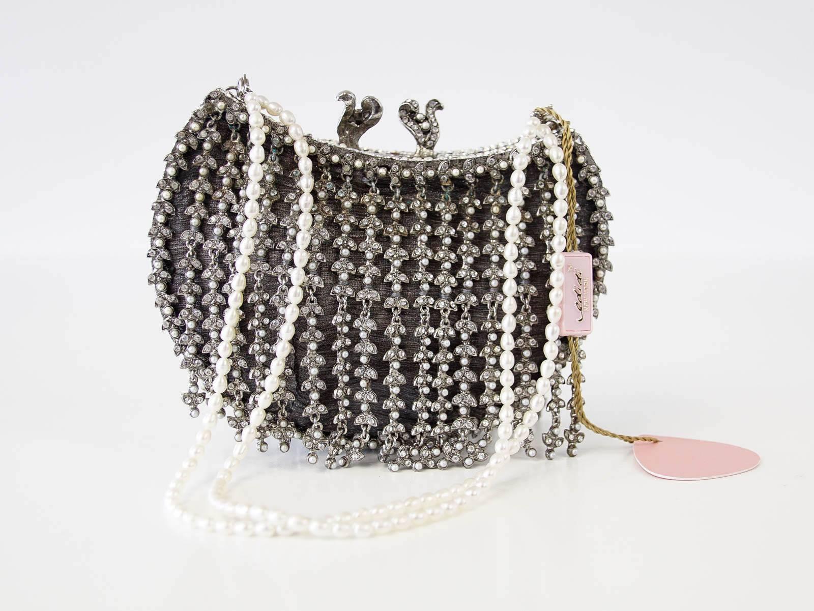 Gray Edidi Bag / Clutch Jewel Pearl Encrusted Hand Made Evening Purse Pearl Handle