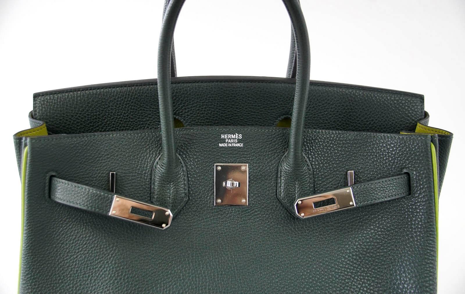 Guaranteed authentic special order rich Vert Fonce with Vert Anis trim and Chartreuse interior.
Rare Ruthenium hardware. Togo leather.
A beautiful year round bag. 
Just returned from TLC at Hermes Spa.
Clean corners, handles body and interior. 