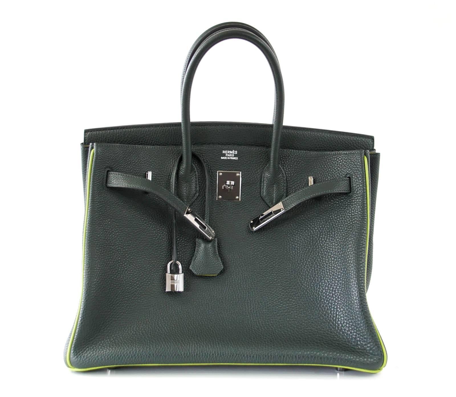 Black Hermes Birkin 35 Bag Vert Fonce Anis Piping Chartreuse Interior Ruthenium Togo