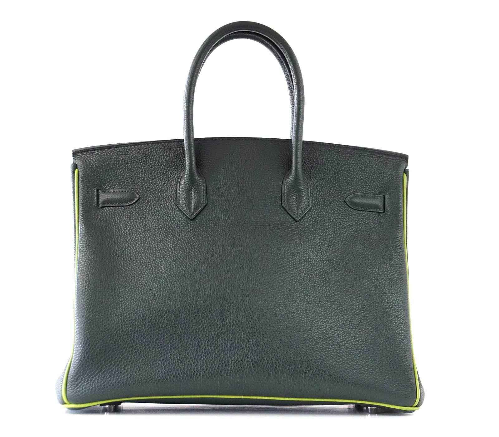 Hermes Birkin 35 Bag Vert Fonce Anis Piping Chartreuse Interior Ruthenium Togo In Excellent Condition In Miami, FL
