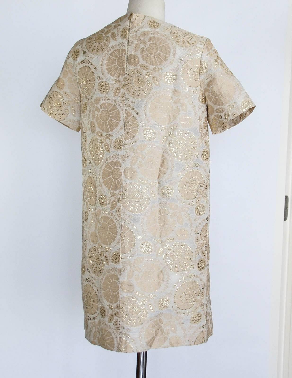 Chloe Dress Gold Metallic on Creme and Nude Pink Light Weight Brocade 34 / 4 In Excellent Condition In Miami, FL