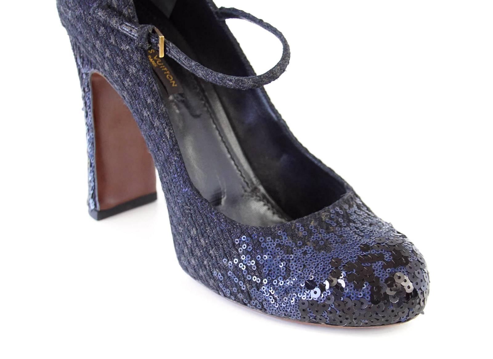 Guaranteed authentic Louis Vuittontweed Mary Jane adorned with small and tiny black and blue sequins. 
Blue, black and a hint of nude tweed round to pump.
Toe and heel are embellished with tiny blue sequins interspersed with larger black