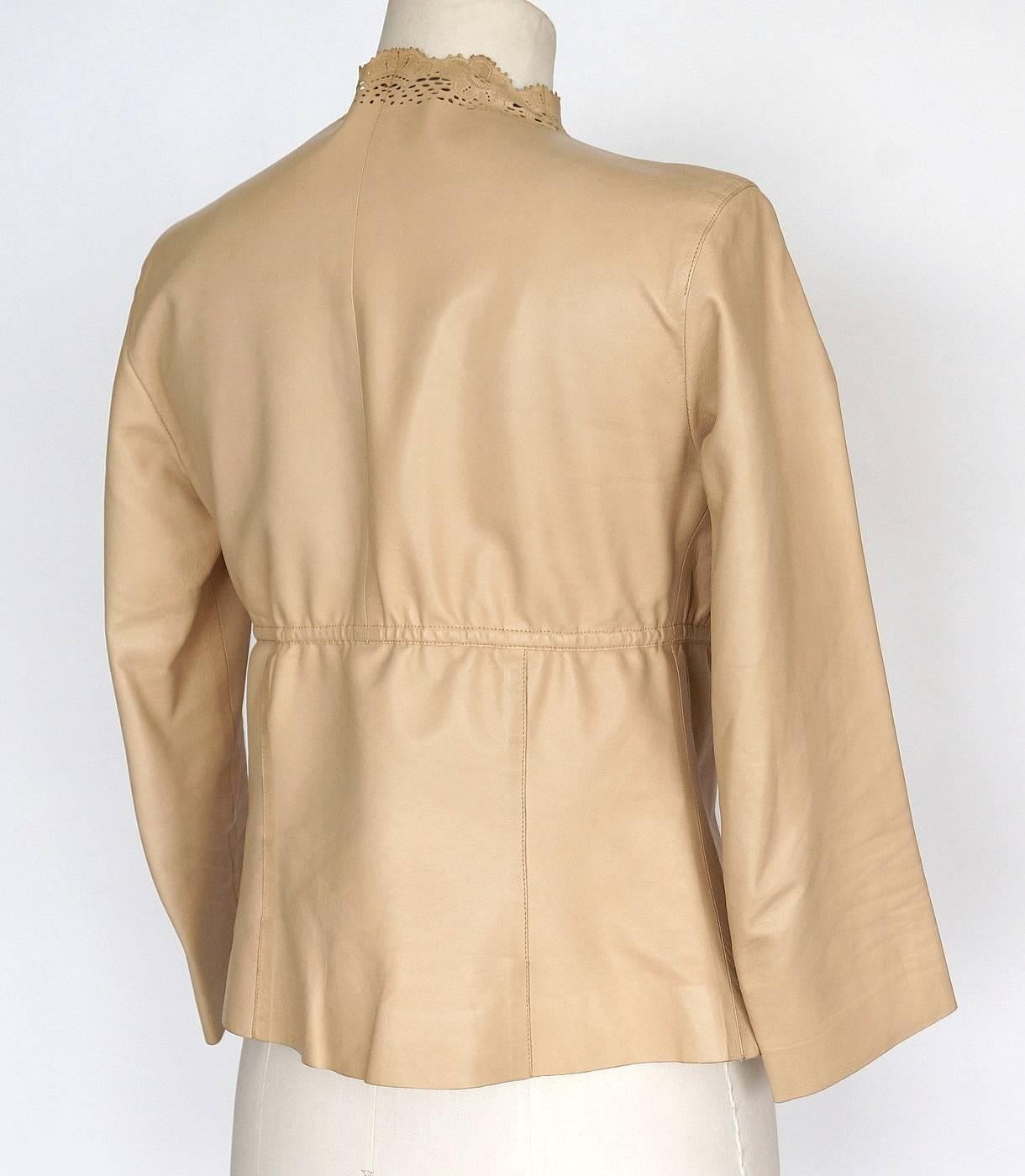 Women's GUCCI Jacket Nude Leather Laser Cut Edging 3/4 Sleeve Empire Waist 40 / 6 