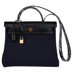 Hermes Herbag Zip 31 Blue Indigo Toile Black Vache Hunter Gold Hardware