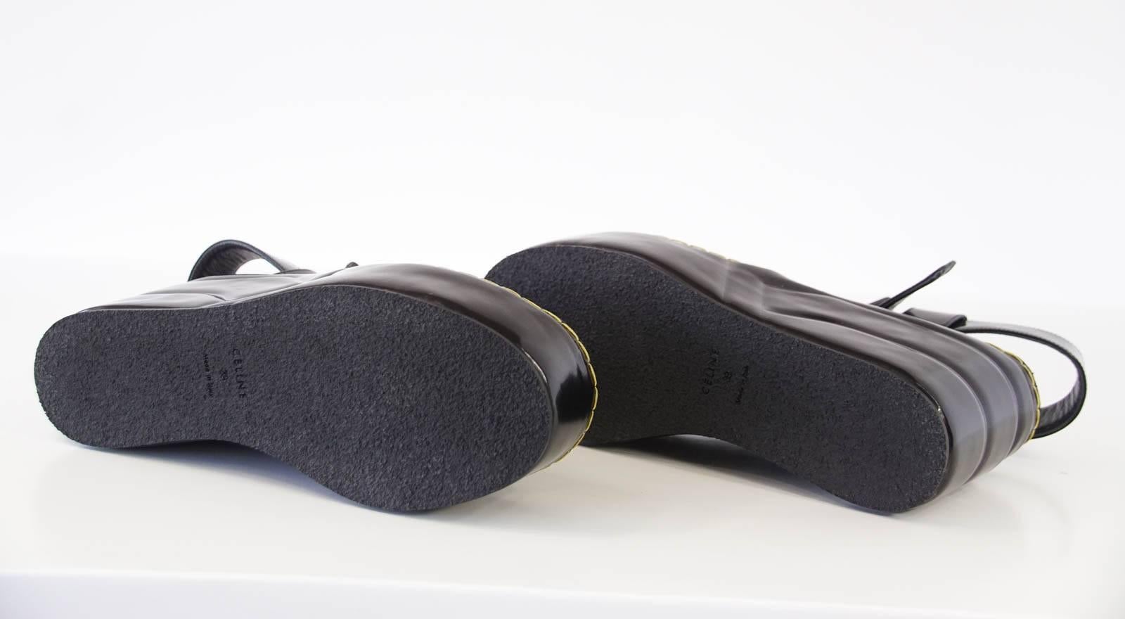 Black CELINE Shoe Bold Shaped Platform Wedge Ankle Strap  39 / 9