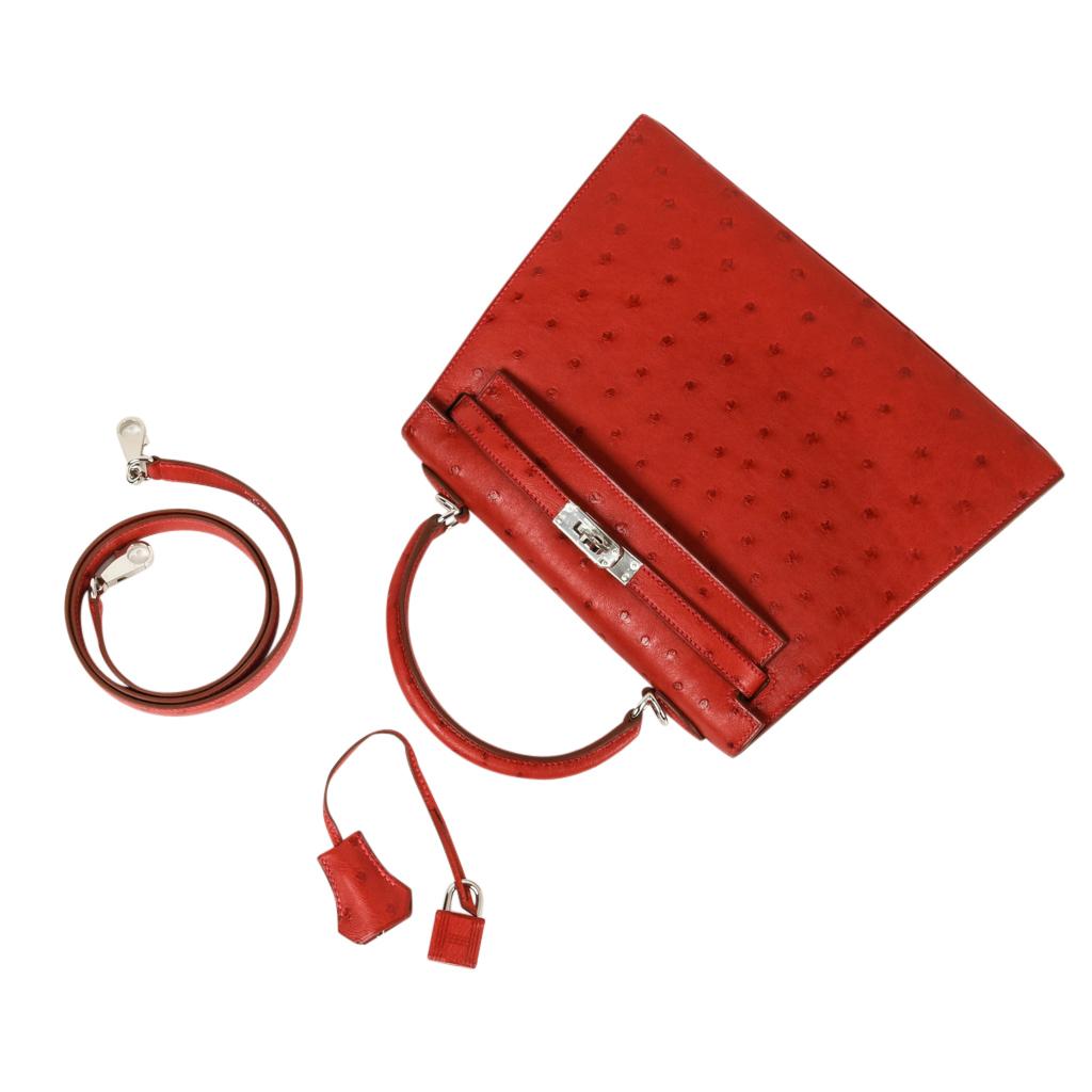 Hermes Kelly Sellier 25 Bag Ostrich Rare Rouge Vif Pink Topstitch Palladium In New Condition In Miami, FL