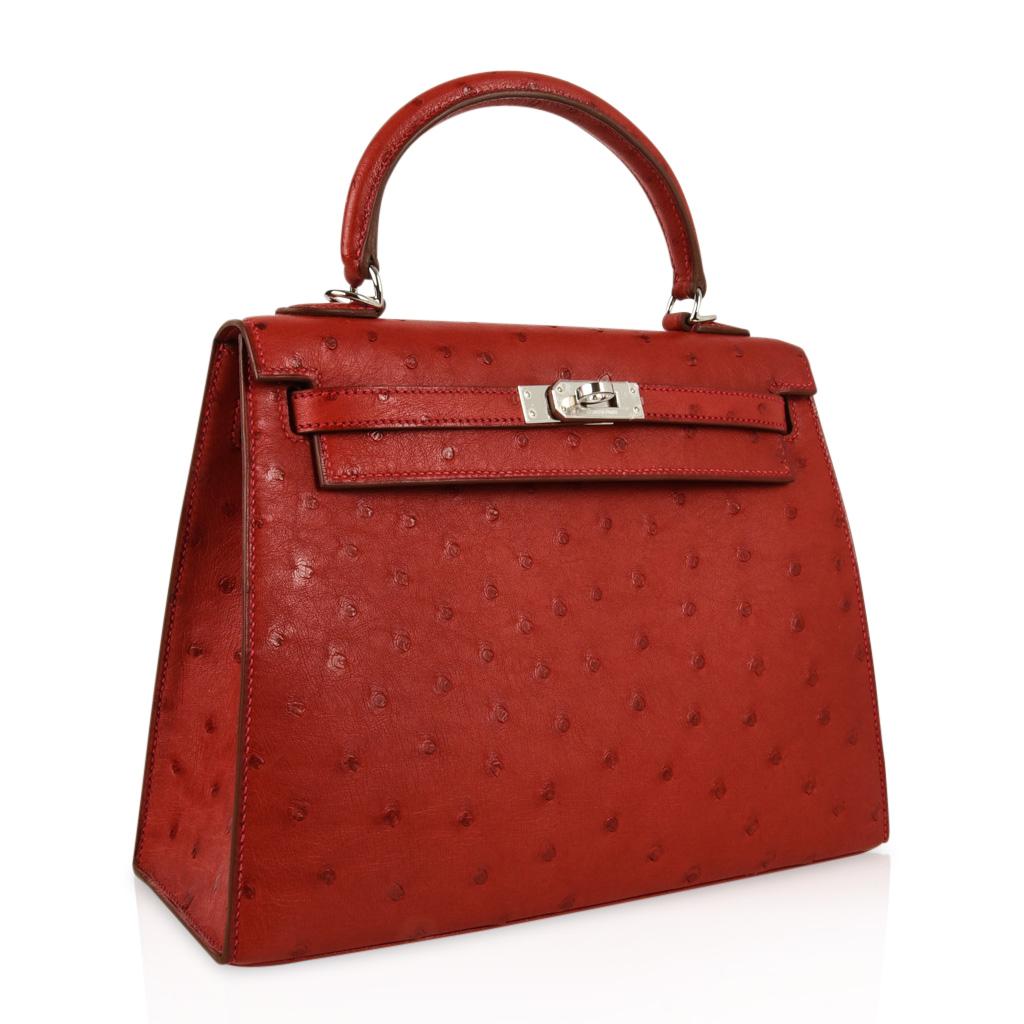 Hermes Kelly Sellier 25 Bag Ostrich Rare Rouge Vif Pink Topstitch Palladium 1