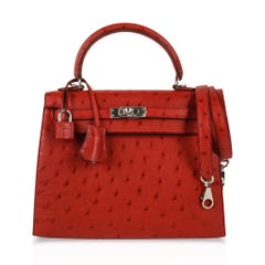 Hermes Kelly Sellier 25 Bag Ostrich Rare Rouge Vif Pink Topstitch Palladium