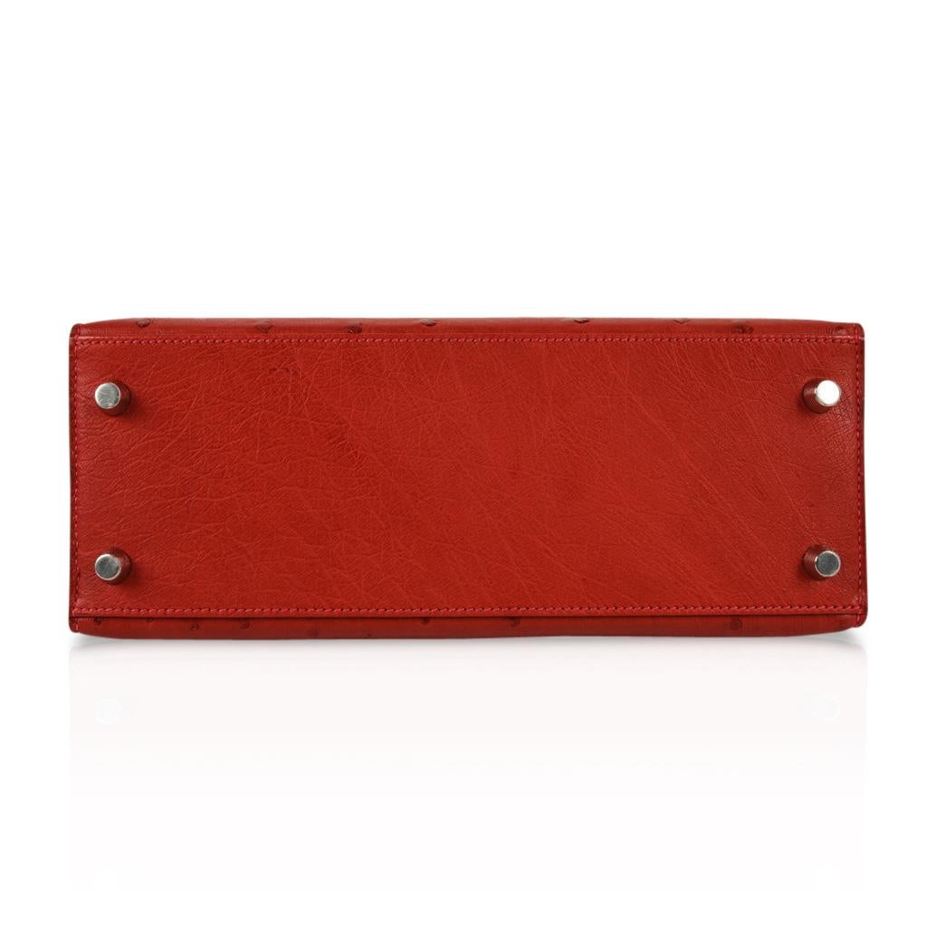 Hermes Kelly Sellier 25 Bag Ostrich Rare Rouge Vif Pink Topstitch Palladium 4