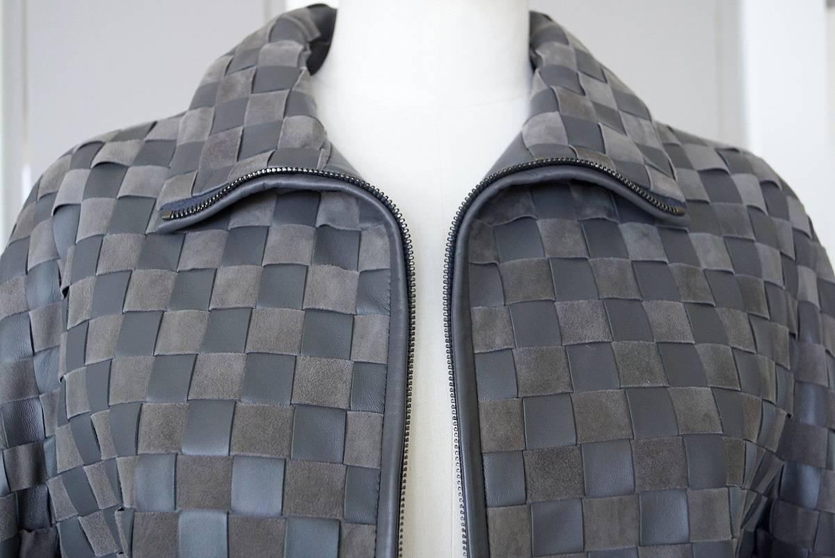 Giorgio Armani Jacket Woven Leather and Suede Taupey Gray  48  In New Condition In Miami, FL