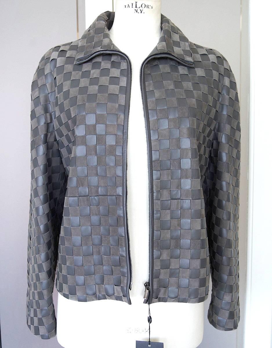 Giorgio Armani Jacket Woven Leather and Suede Taupey Gray  48  1