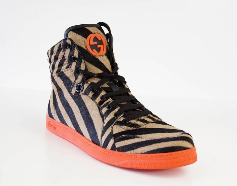 Gucci Men's Shoe Pony Stripe Black / Camel Orange Sole High Top Sneaker 10  G at 1stDibs