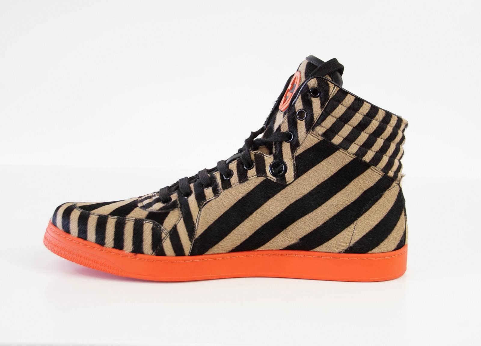 Brown  Gucci Men's Shoe Pony Stripe Black / Camel Orange Sole High Top Sneaker 10 G 