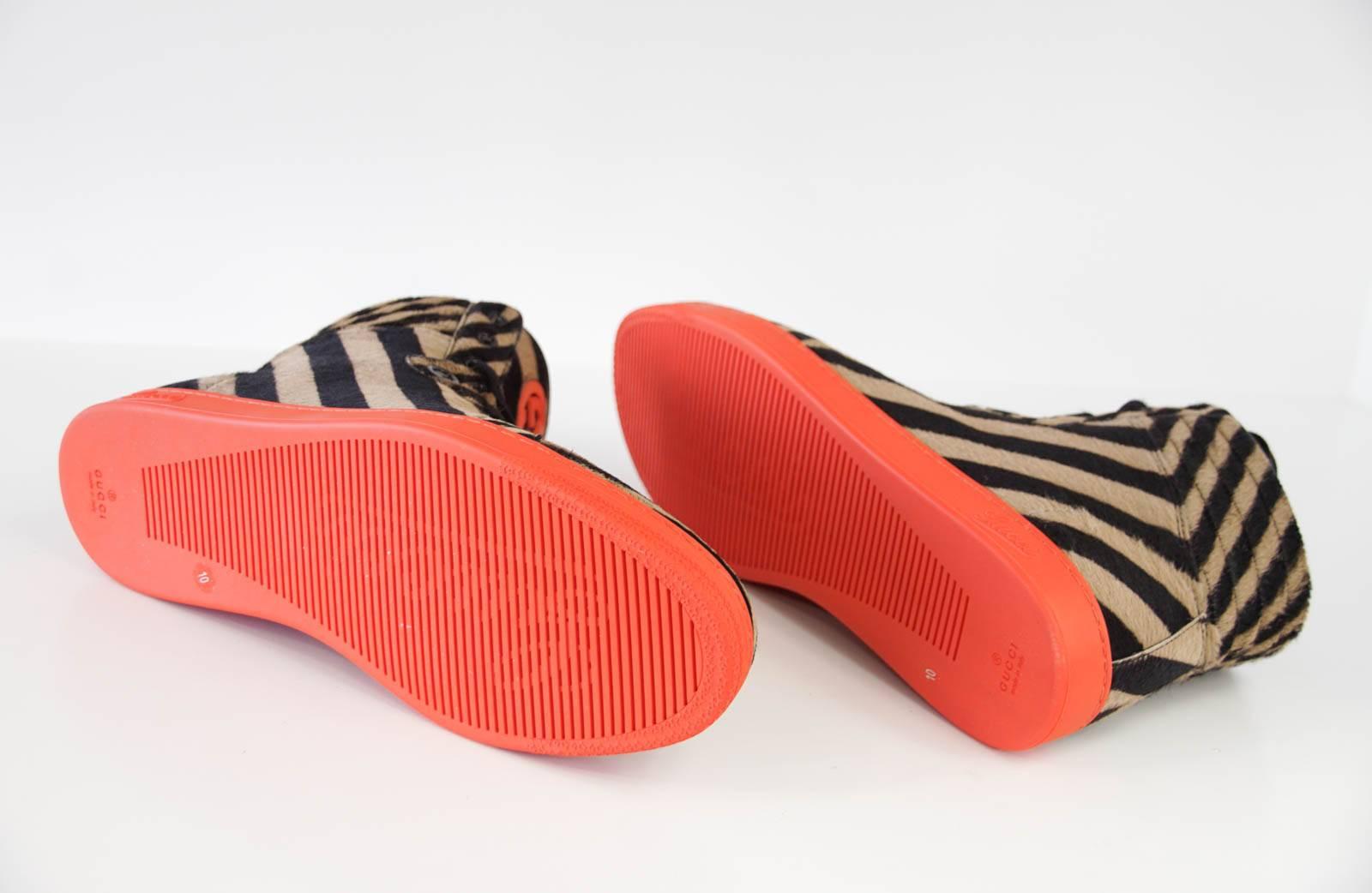  Gucci Men's Shoe Pony Stripe Black / Camel Orange Sole High Top Sneaker 10 G  In New Condition In Miami, FL