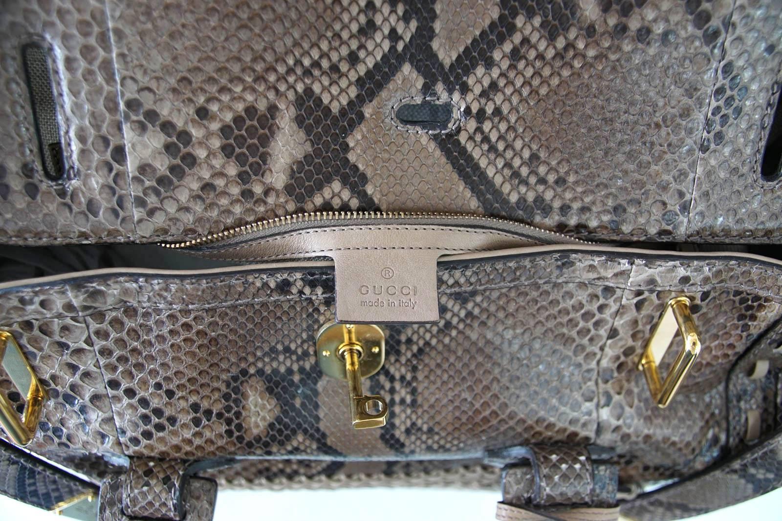 GUCCI Bag Snakeskin Taupe Satchel Rich Details Gold Hardware mint 5