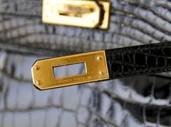 Hermes Kelly Pochette Clutch Bag Shiny Black Alligator Gold