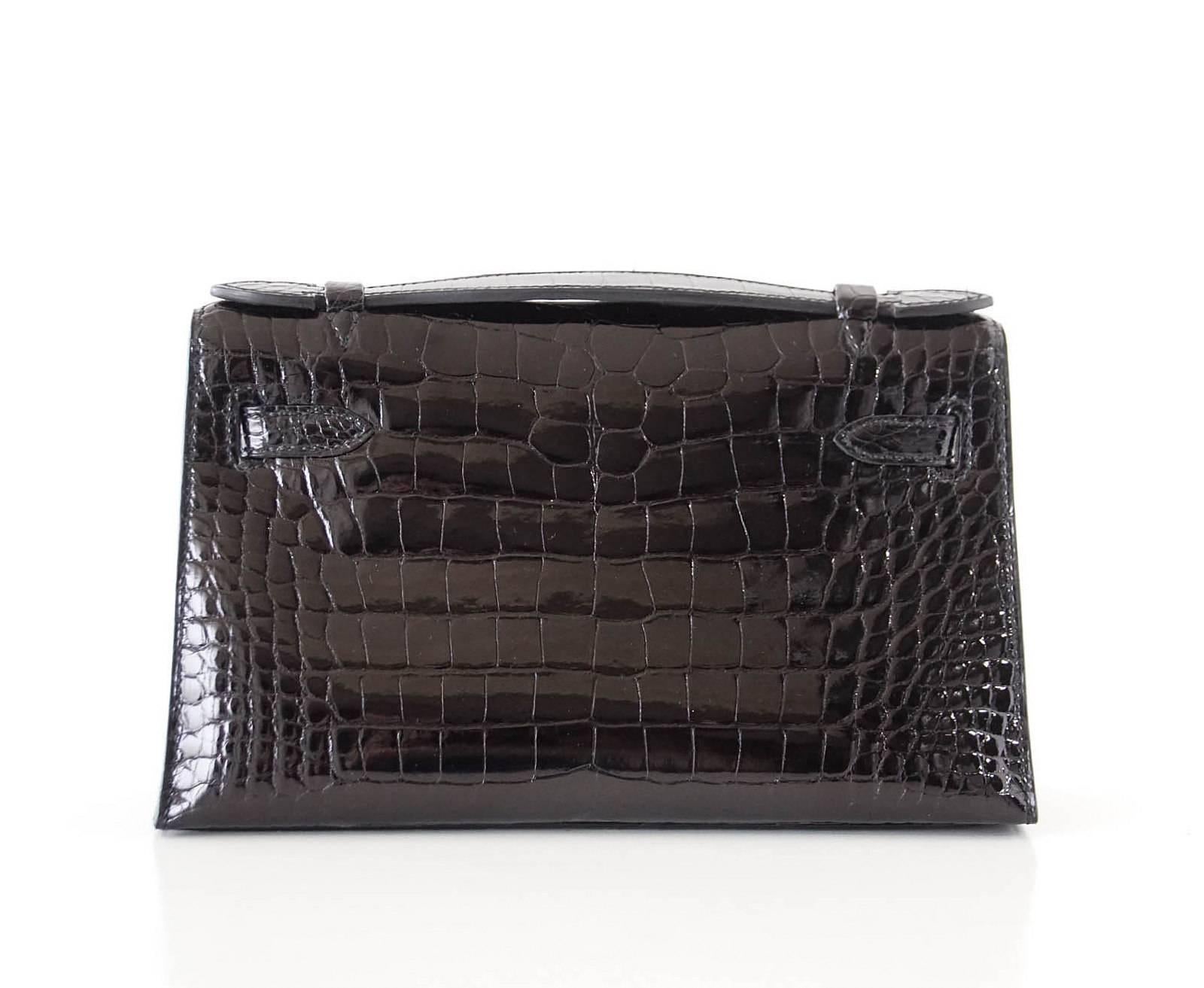 Women's Hermes Kelly Pochette Clutch Bag Shiny Black Alligator Gold