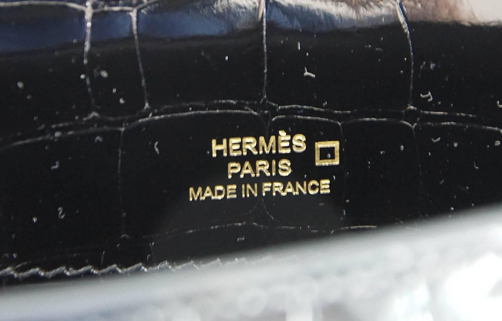 Hermes Kelly Pochette Clutch Bag Shiny Black Alligator Gold 2