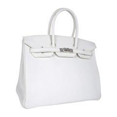 Hermès Birkin 35, weiß, Clemence, Palladium-Beschläge, selten, neu, nie getragen