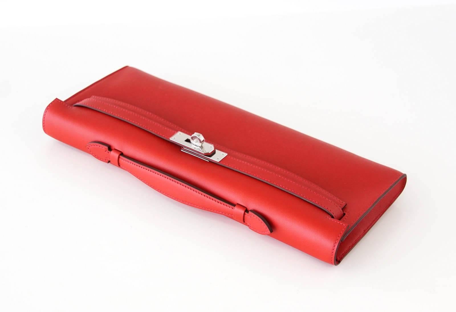 Rouge Hermes Kelly Cut Vermillion Red Clutch Bag Swift Palladium