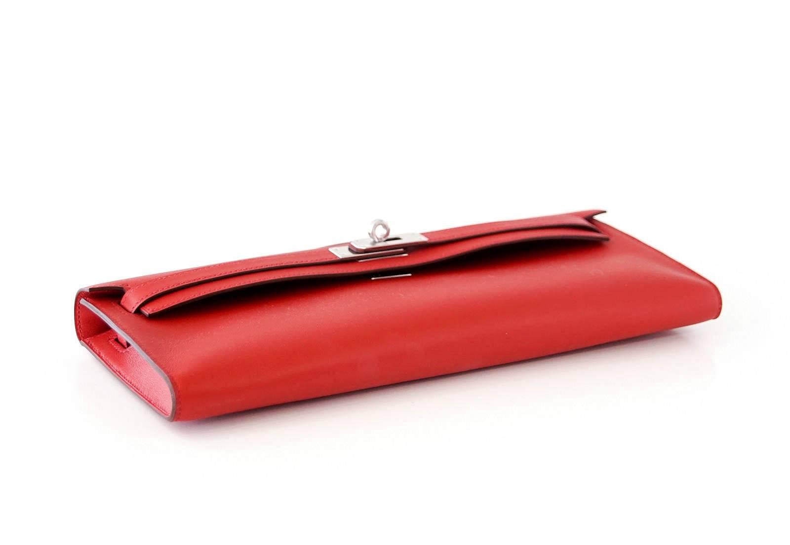 Hermes Kelly Cut Vermillion Red Clutch Bag Swift Palladium In New Condition In Miami, FL