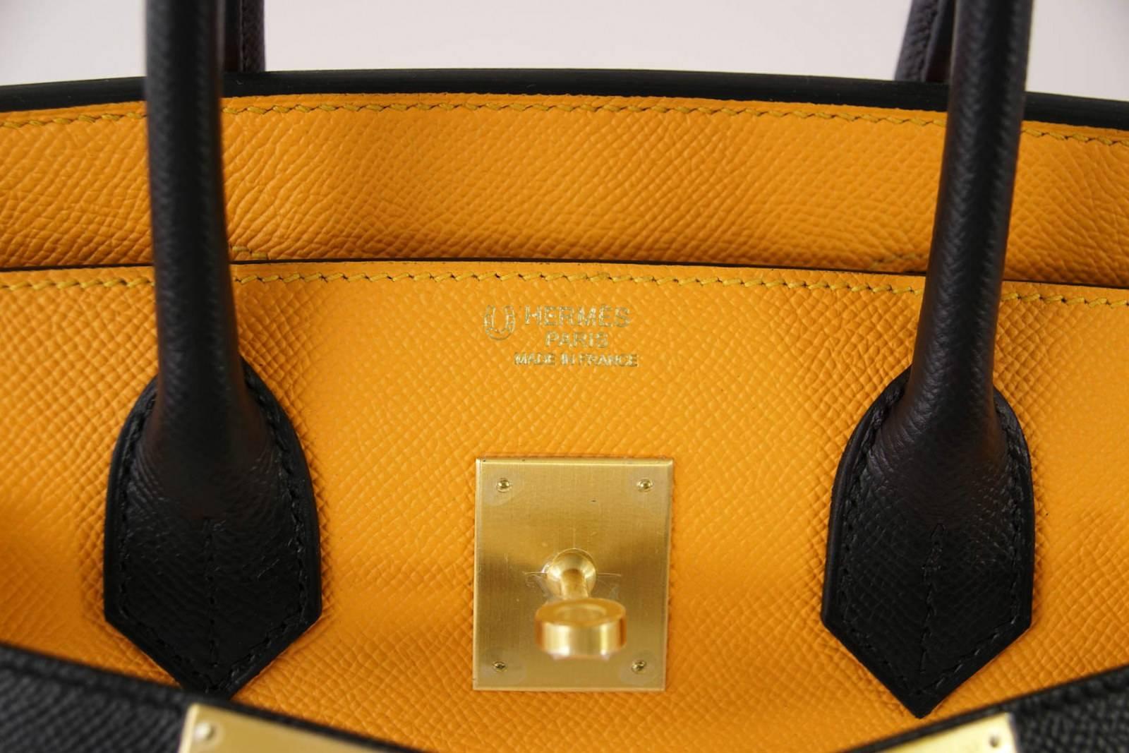Guaranteed authentic special order Horseshoe bi-color HERMES 30 Birkin in Jaune is rich with Black.   
Lush with Brushed Gold hardware. 
Epsom leather.
NEW or NEVER WORN
Comes with the lock and keys in the clochette, sleepers, raincoat signature