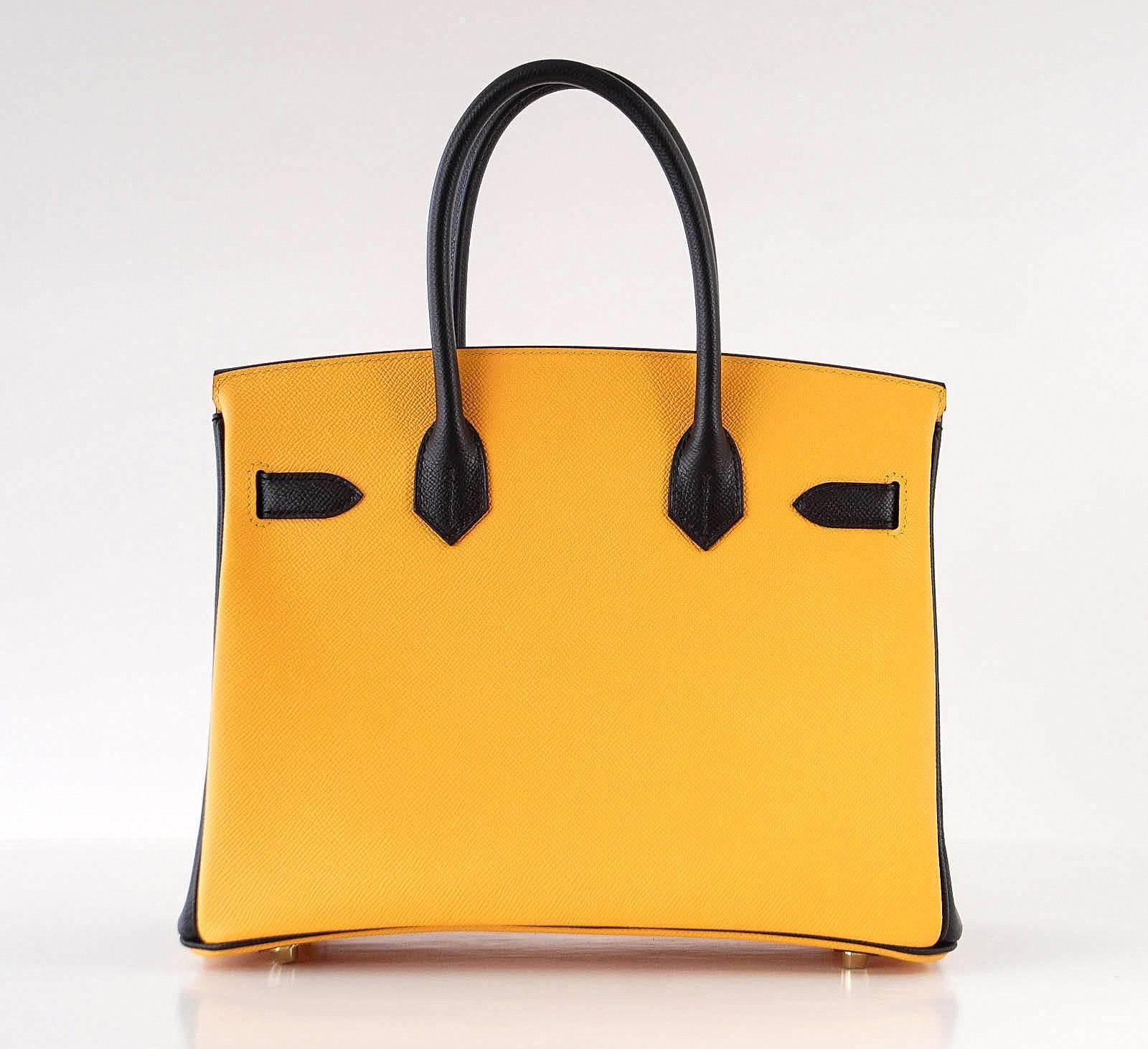 Orange Hermes Birkin 30 Bag Horseshoe Bi-Color Jaune Black Brushed Gold Epsom