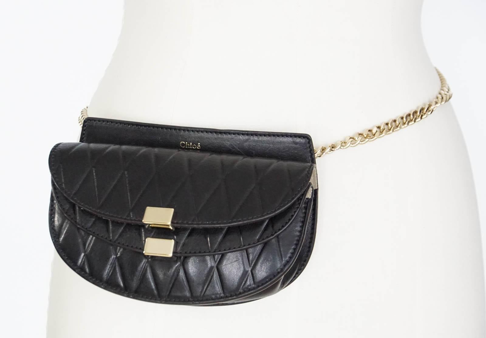 Guaranteed authentic CHLOE Black Georgia convertible demilune shaped bag with diamond pattern pressed into the leather. 
Gold toned adjustable chain strap adding versatility as shoulder/crossbody/waist bag.
Double front flap with magnetic closure