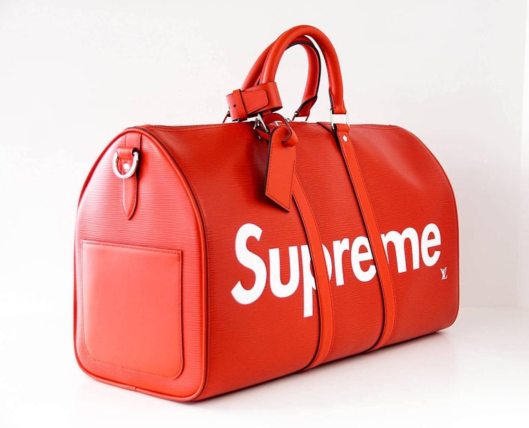 Louis Vuitton X Supreme Red Epi Keepall Bandouliere Duffle Bag 45 For Sale at 1stdibs