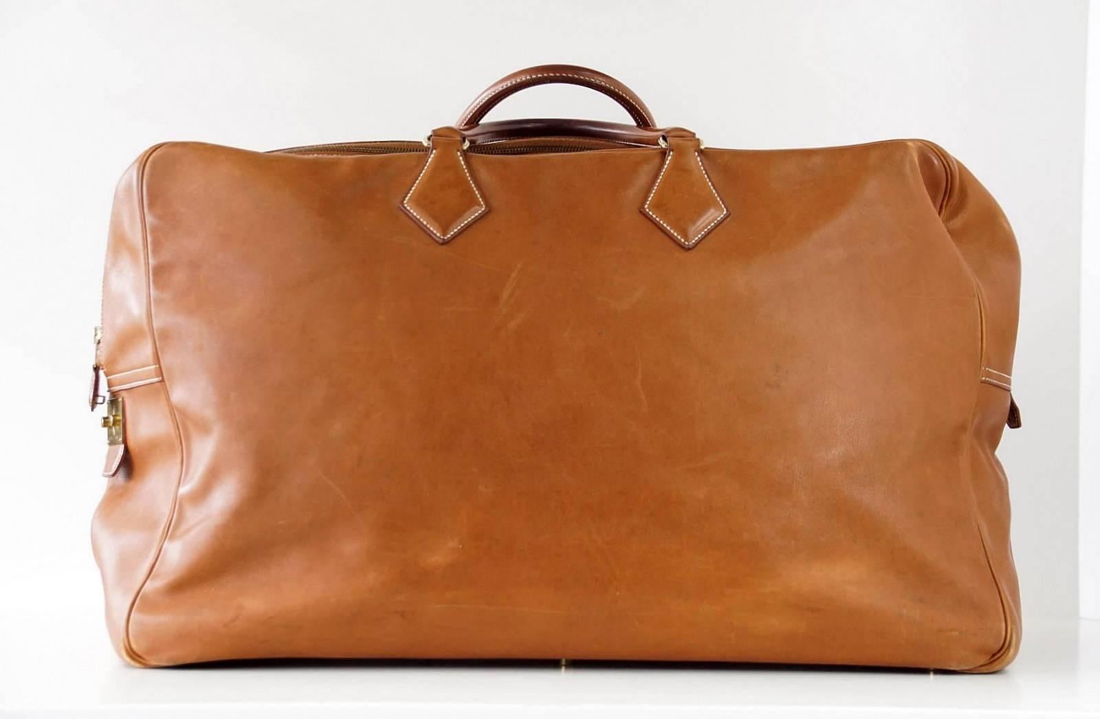 Brown Hermes Plume 60 Vintage Bag Barenia Plume Gold Hardware Carry On Weekender