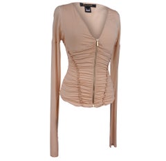 Top vintage de Roberto Cavalli en seda color nude, con fruncidos, escote en V pronunciado y cremallera dorada
