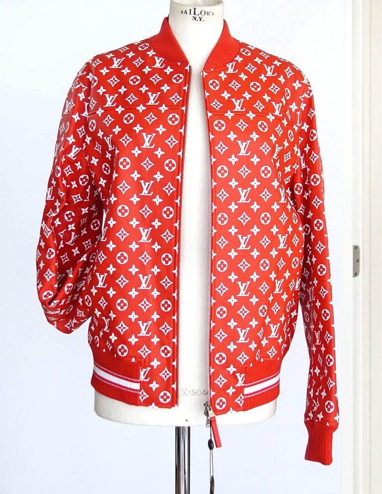 Louis Vuitton Supreme X Leather Bomber Varsity Jacket Monogram Ltd Ed size 50 For Sale at 1stdibs