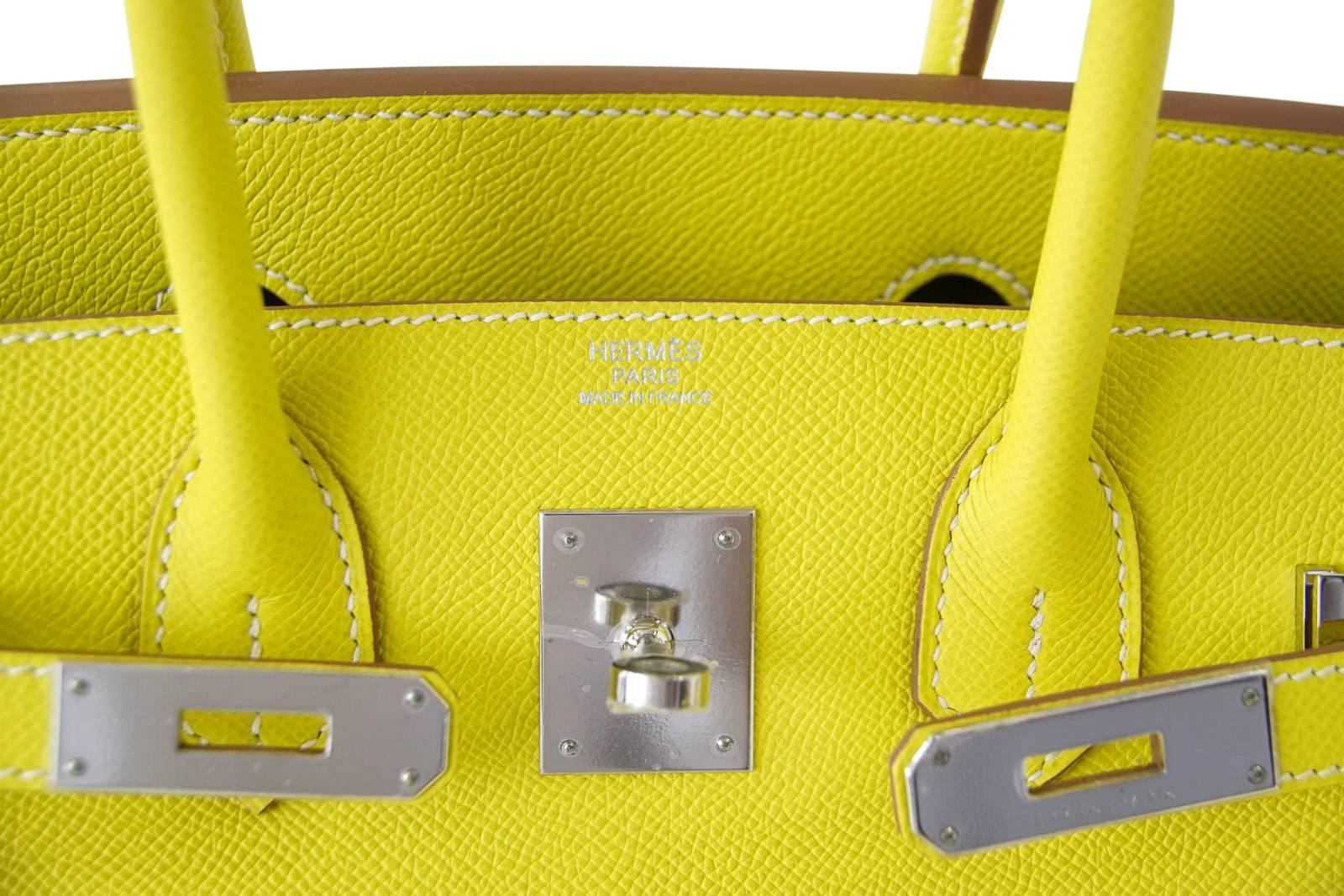 Guaranteed authentic exquisite Hermes 30 Birkin bag rare Limited Edition Lime Candy with Gris Perle interior.  
Fresh with Palladium hardware and Epsom leather.
NEW or NEVER WORN
Comes with the lock and keys in the clochette, sleepers, raincoat