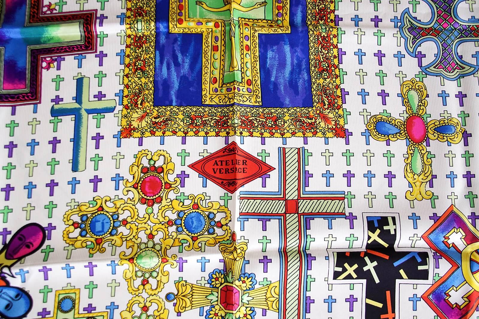 Beige Gianni Versace Atelier Vintage Scarf Silk Rich Cross Motif  New