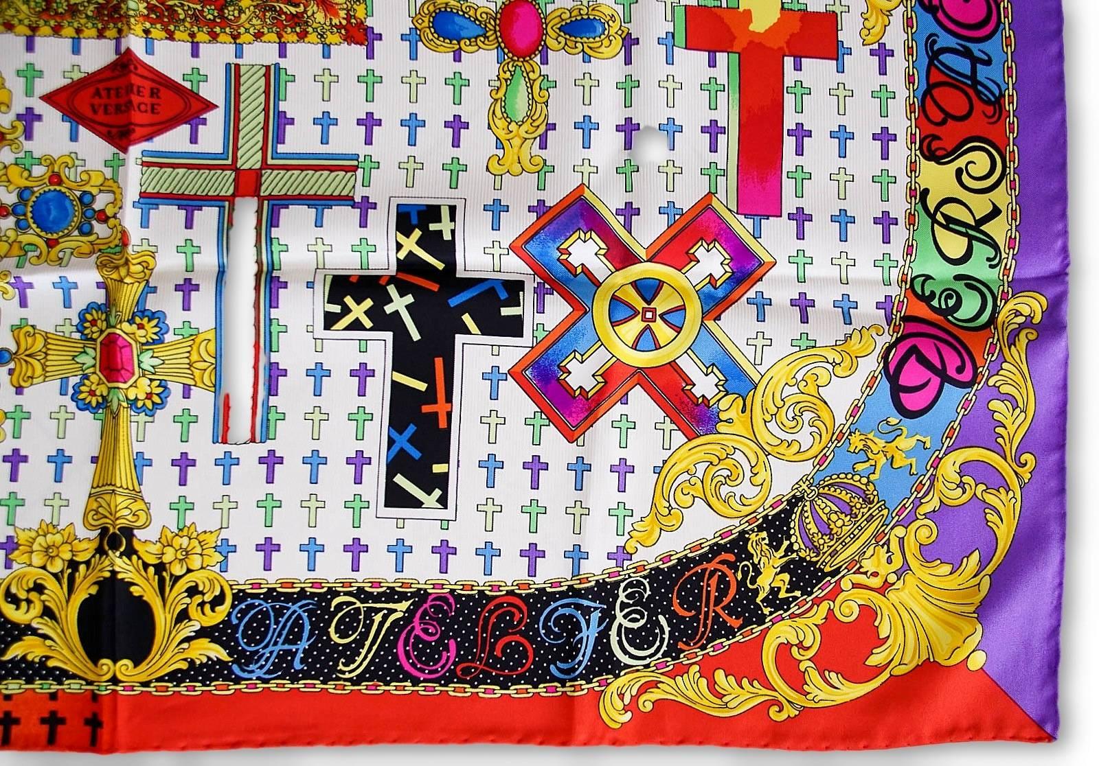 Gianni Versace Atelier Vintage Scarf Silk Rich Cross Motif  New In New Condition In Miami, FL