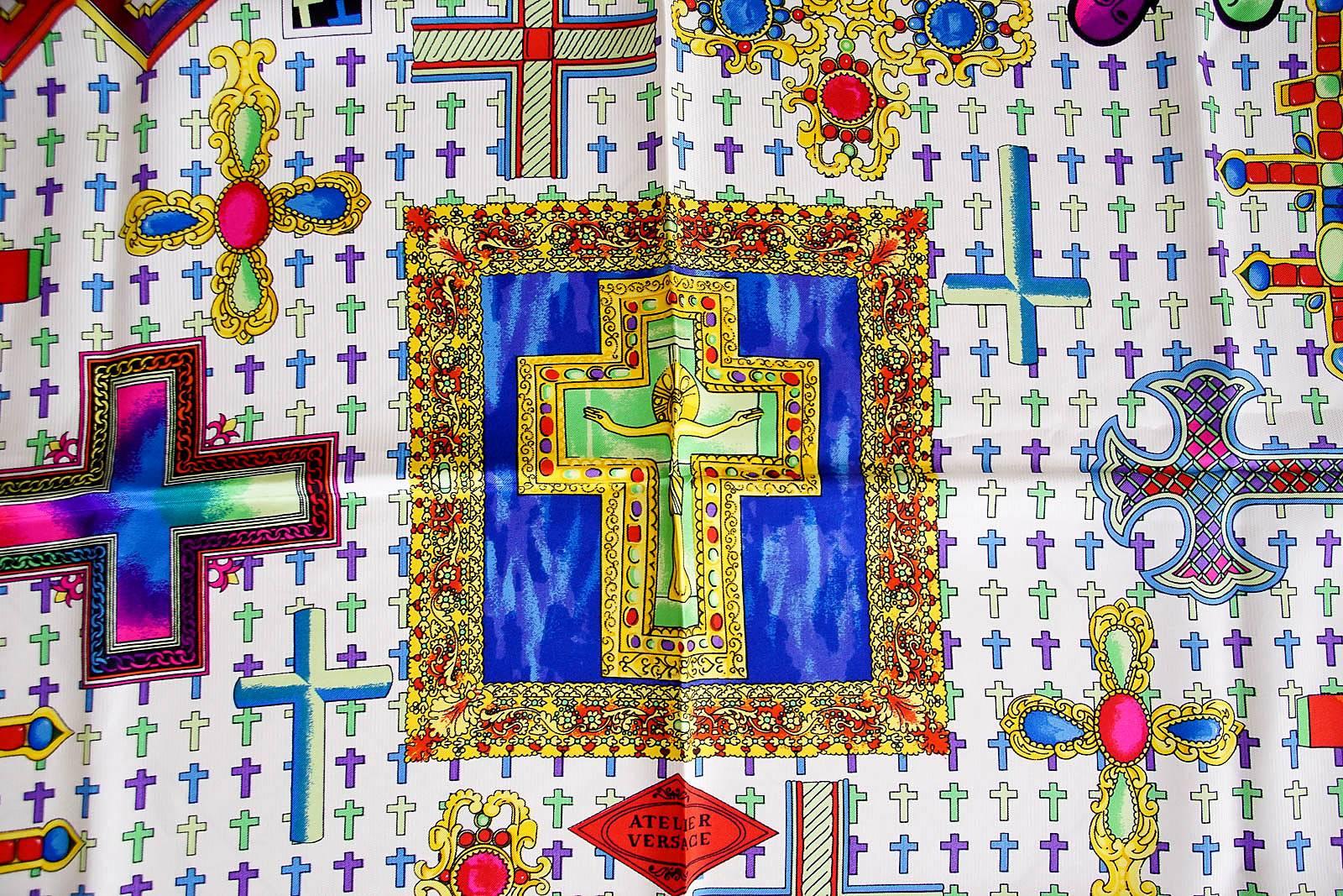 Gianni Versace Atelier Vintage Scarf Silk Rich Cross Motif  New 4