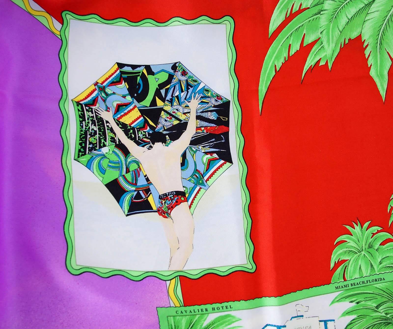 Guaranteed authentic GIANNI VERSACE ATELIER Vintage silk scarf depicting iconic Miami Beach landmarks.
Rich, tropical colors and hand rolled edge.
Exquisitely drawn in rich detail.
See separate listing for the Vintage Miami scarf print bag.
NEW or