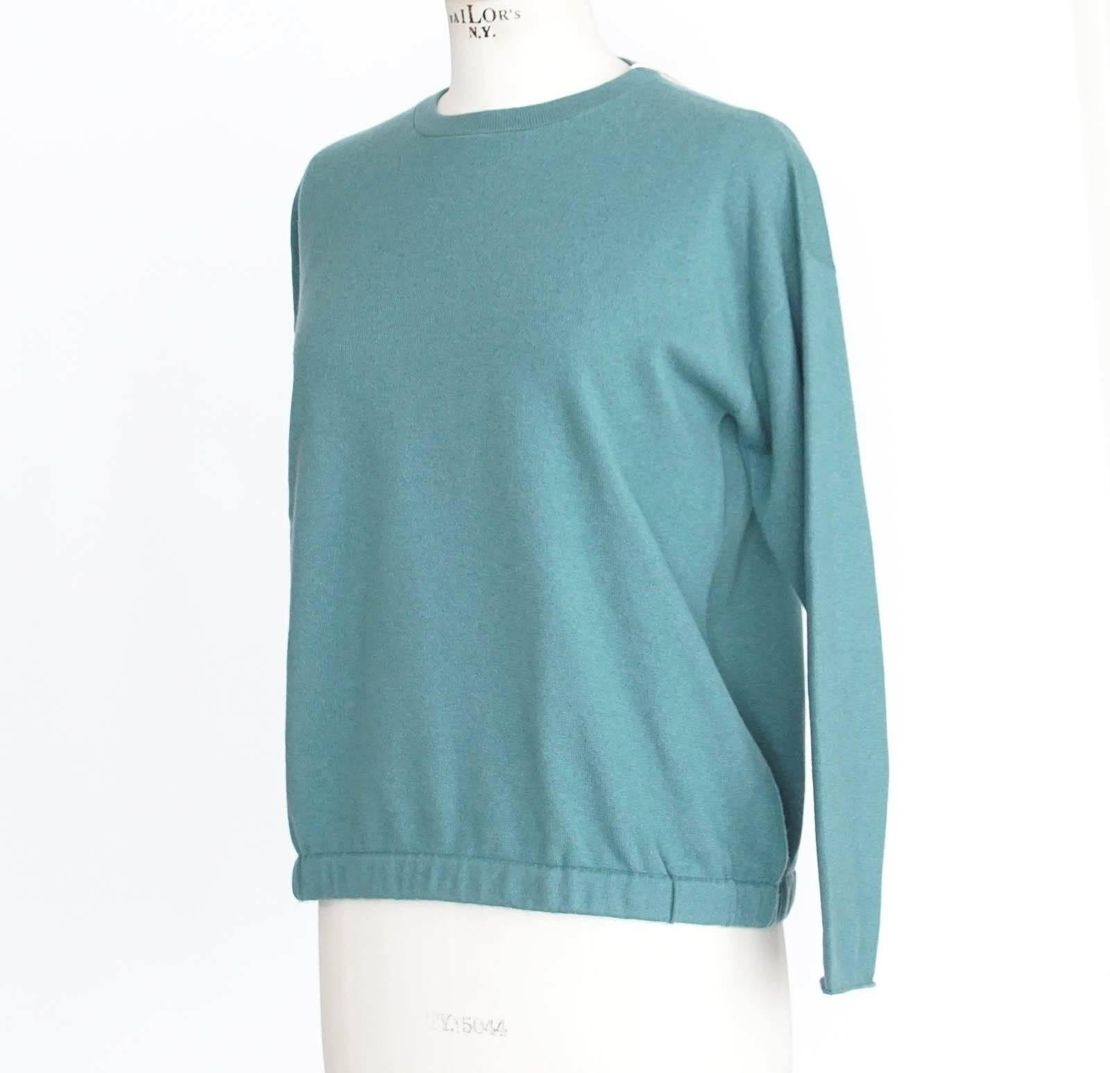 Brunello Cucinelli Sweater Teal Cashmere Crewneck Unique Waist Detail S Nwt In New Condition In Miami, FL