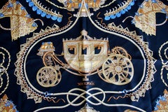 Hermes Scarf Print Silk Paperoles Black Gold Blue Vintage