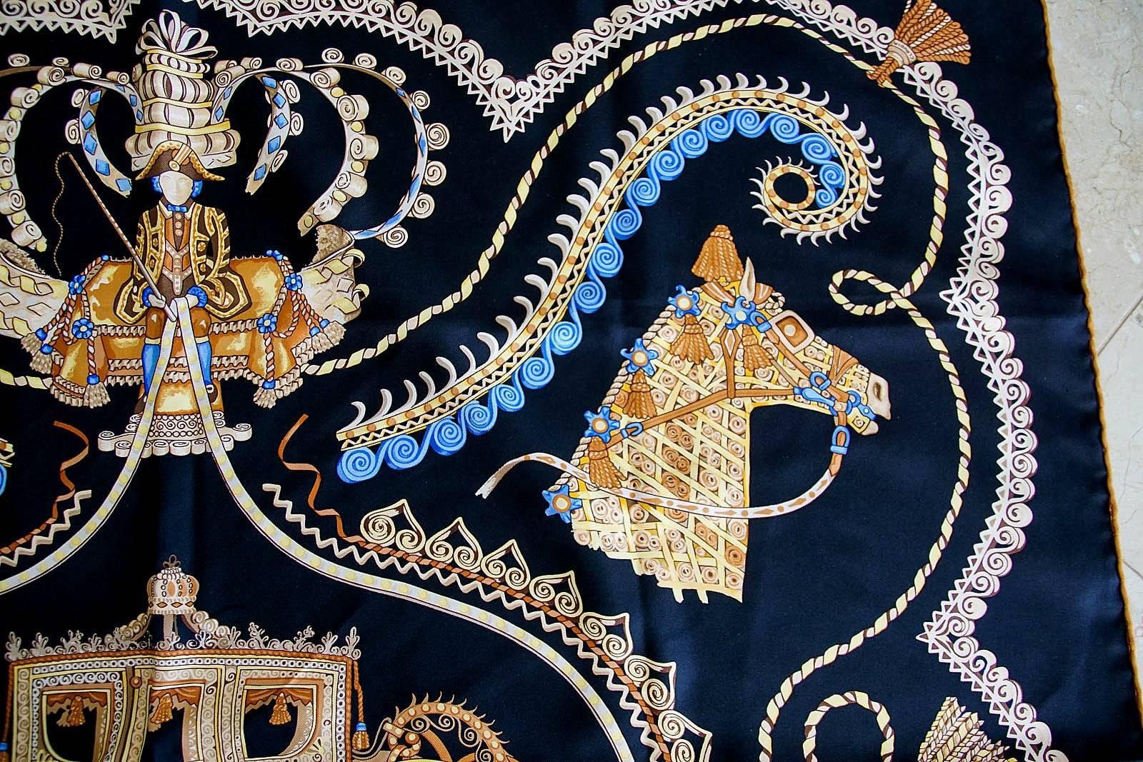 Hermes Scarf Print Silk Paperoles Black Gold Blue Vintage In Excellent Condition In Miami, FL