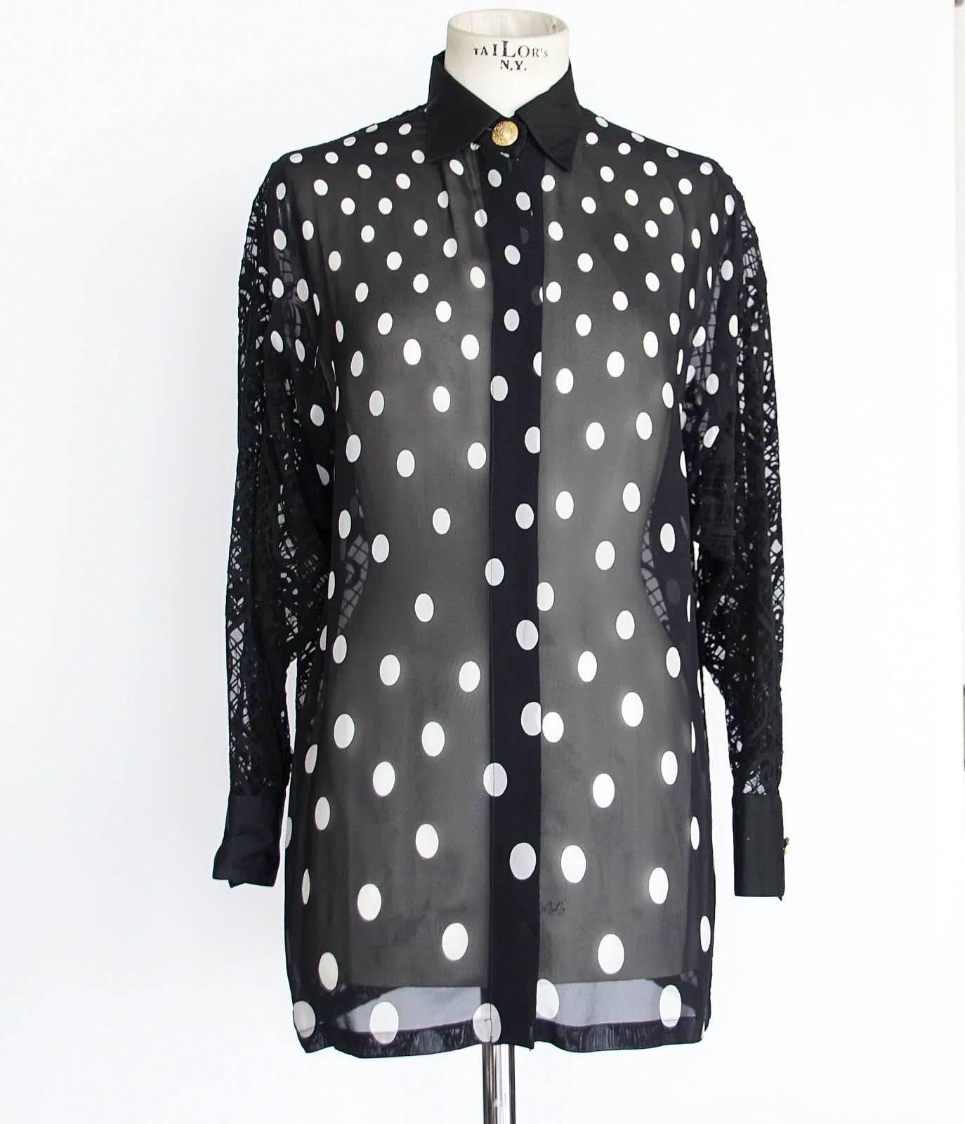 Women's Gianni Versace Couture Top Black and White Polka Dot Lace Back  38 / 4