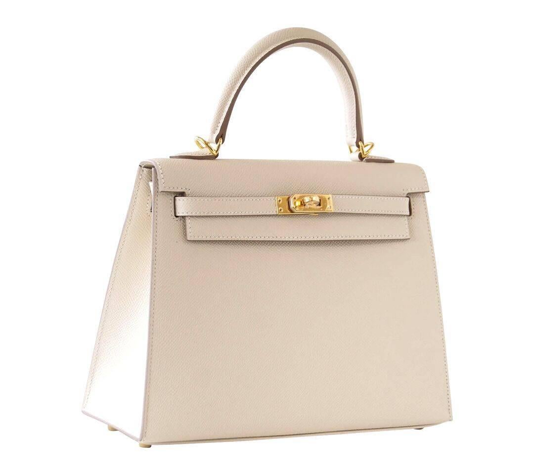 Women's Hermes Neutral Craie Epsom Gold Hardware with Twilly Kelly 25 Sellier Bag 