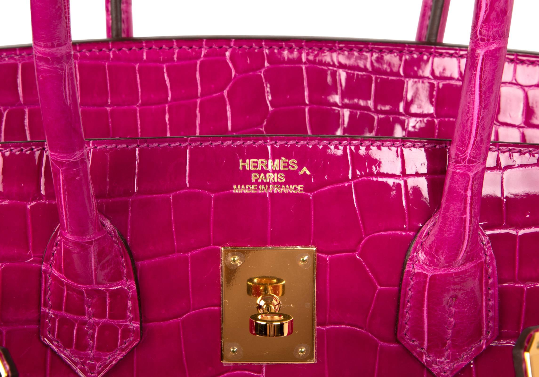 Guaranteed authentic 35 Hermes Birkin Pink Rose Scheherazade Porosus Crocodile.
This Hermes Birkin is breathtaking in its depth of color and beauty of scales.
Rich with gold hardware.
Comes with lock, keys, clochette, sleepers, raincoat and