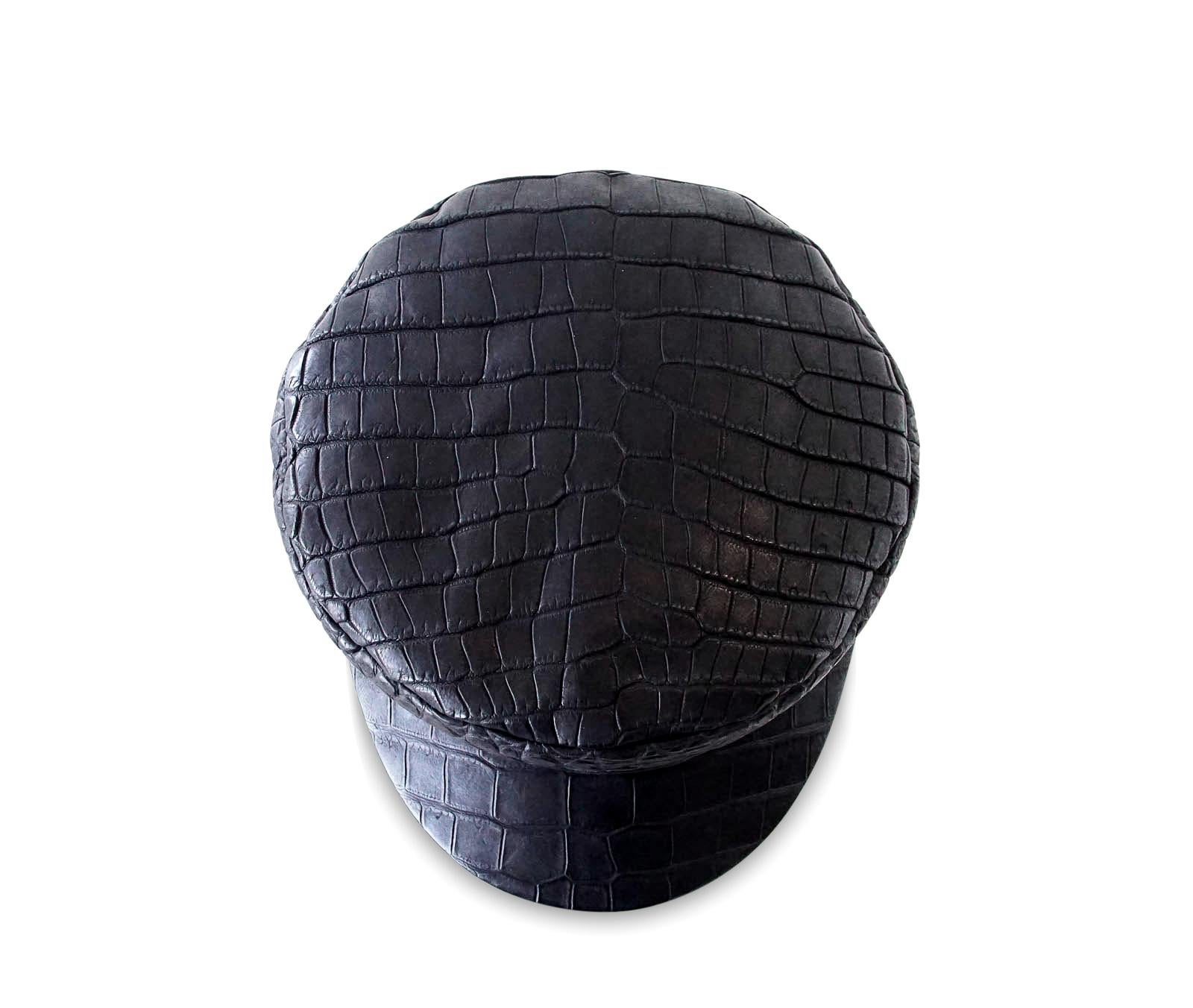 Hermes Cap Limited Edition Matte Black Crocodile Newsboy Hat 57 w/ Box Very Rare In Excellent Condition In Miami, FL