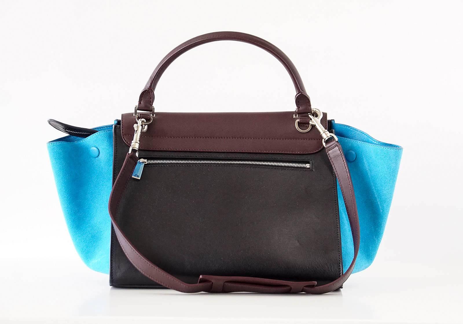 Women's or Men's Celine Bag Trapeze Medium Tri Colour Black Brown Leather with Blue Suede